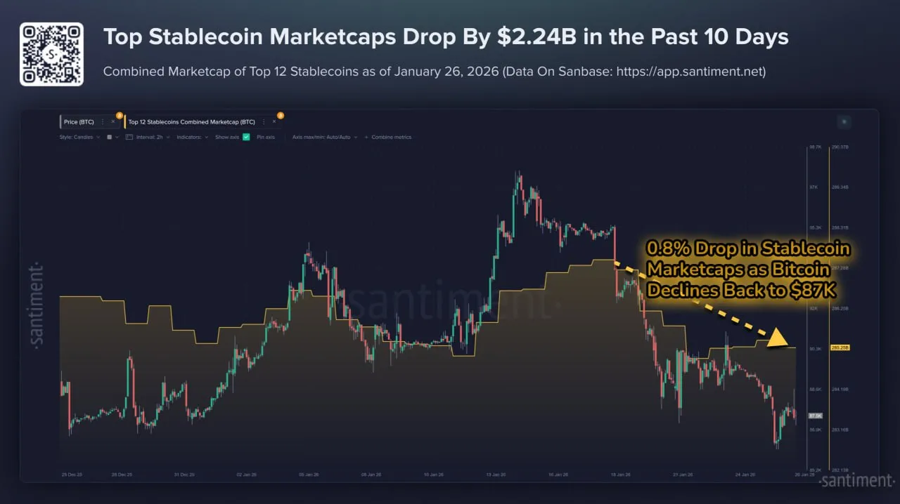 Капитализация 12 крупнейших стейблкоинов упала на $2,24 млрд за 10 дней