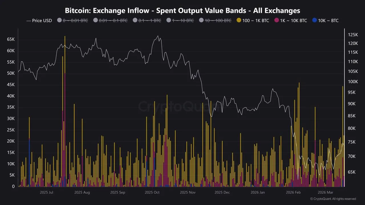 Крупные игроки (адреса, хранящие более 100 BTC) вчера перевели на биржи 44 459 BTC